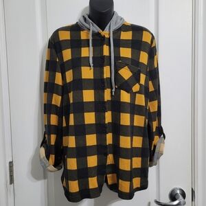 Plaid Flannel Button-Up Hoodie - Yellow and Black